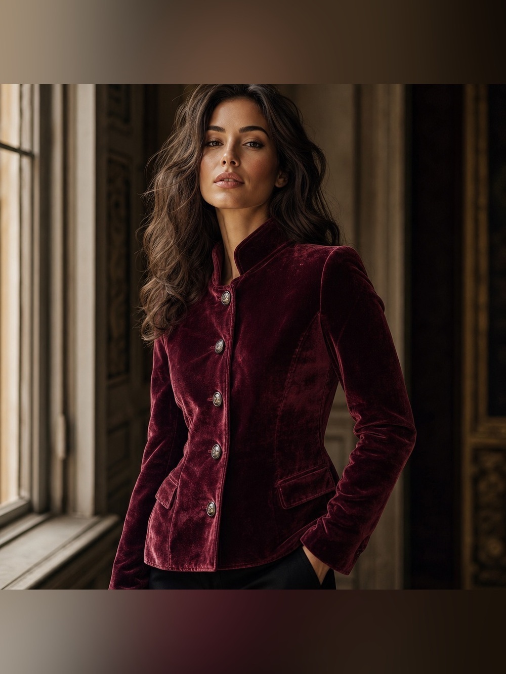 Peruvian Connection Burgundy Windermere Velveteen Blazer Jacket Sz 10 Military